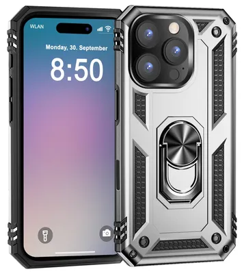 Produktbild von NALIA Panzerhülle für iPhone 16 Pro – Ring-Ständer 360° & für Magnet-Halterung – RINGDEFEND (Stoßfestes Outdoor Case) – Marke aus Berlin – Silber