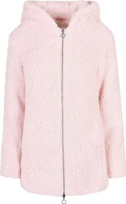 A pink hooded jacket with a zipper.