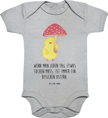 Produktbild von Mr. & Mrs. Panda overall baby Küken Fliegenpilz 12. - 18. Monat - Heather Grey - Geschenk, Frohe Ostern, Strampler, babykleidung body, Glückspilz, baumwolle, Ostergrüße