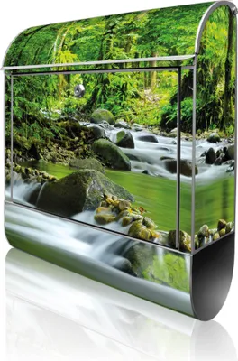Produktbild von banjado Design Briefkasten Stahl silber mit Zeitungsfach pulverbeschichtet "Rauschender Bach" 38x46x12,5cm & 2 Schlüssel - Postkasten A4 Einwurf inkl. Montagematerial [BK 10114]