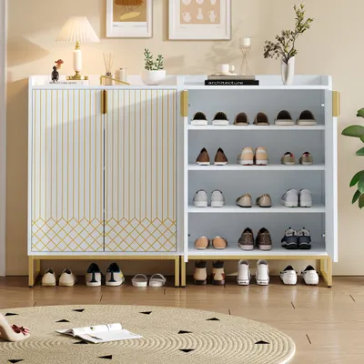 Produktbild von MODFU  Schuhschrank,Schuhkommode, Schuhregal  mit goldenen Metallbeinen,Aufbewahrungsschränke mit goldenen Türen, Schuhaufbewahrung, weiß