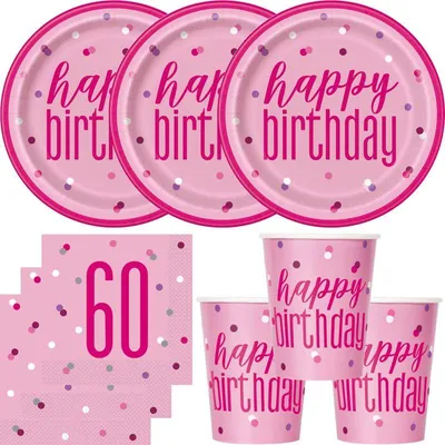 Produktbild von 60. Geburtstag Partyset Einweggeschirr rosa pink 48 tlg. Partygeschirr Teller Becher Servietten
