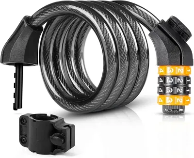 Produktbild von Fahrradschloss Zahlencode - 120cm/150cm Fahradschloß Kabelschloss Hohe Sicherheit 4/5 stellig Zahlenschloss Fahrrad Schloss mit Halterung Stahlseil Cable Schloss für Scooter MTB Rennrad Tricycle