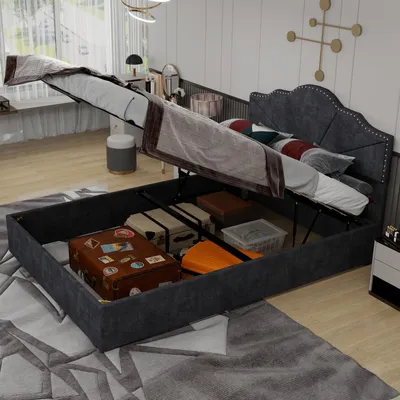 Image de okwish Lit double 140x200, lit enfant avec haut cadre, coffre et tête de lit, lit de rangement pour jeunes avec sommier à lattes, gris (sans matelas)