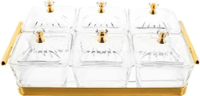 Produktbild von 13 Teiliges Snackschalen-Set aus Glas mit goldenem Serviertablett & Knaufdeckel