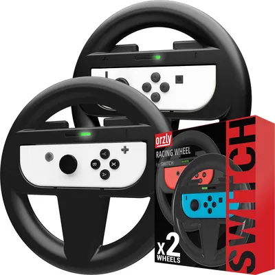 Produktbild von Orzly 2 x Lenkräder, Joy-Con Lenkräder für Nintendo Switch, Twin Pack, schwarz, ergonomisch, ideal für Rennspiele.