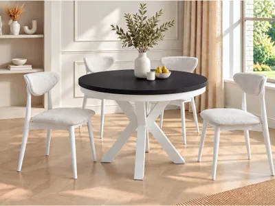 Produktbild von Runder Ausziehbarer Esstisch im Loft-Stil - Industrieller Tisch mit Weißen Metallbeinen - Platzsparender Tisch für Wohnzimmer - Schwarz - 120 bis 200 cm