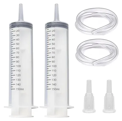 Immagine prodotto di Set di 2 siringhe da 150 ml con tubo flessibile – Riutilizzabili per laboratorio e cucina