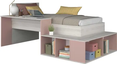 Produktbild von Bett Quinn 90x200 cm mit Schreibtisch und Stauraum - Kiefer/altrosa