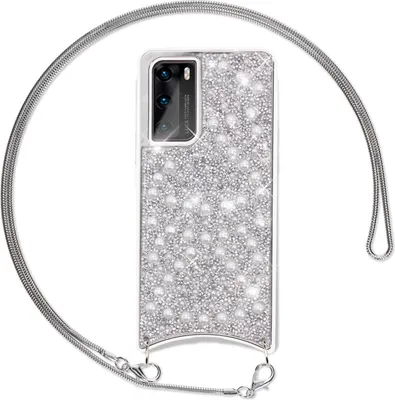 Immagine prodotto di NALIA custodia glitterata con catena per Huawei P40, custodia per telefono cellulare custodia per collo cover argento
