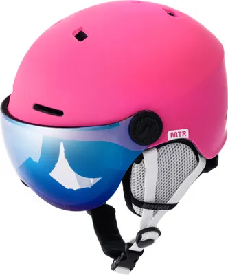 A pink ski helmet with a visor is shown against a white background.
