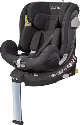 A black child car seat with a support leg, shown from a diagonal front view.