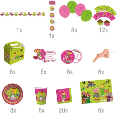 Übersicht des 88-teiligen Bibi Blocksberg Party-Sets mit Mengenangaben zu Wimpelkette, Deckenhänger, Luftballons, Muffin-Banderolen, Geschenkboxen, Einladungen, Hexenclub-Ausweisen, Hexennasen, Tellern, Bechern, Servietten und Platzsets.