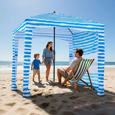 Zdjęcie produktu dla VEVOR kabina plażowa 183 x 183 cm baldachim plażowy ze ścianą boczną, ochrona przeciwsłoneczna UPF 50+, pawilon plażowy z workami z piaskiem, przenośny parasol przeciwsłoneczny dla rodziny przyjaciół Niebieskie paski