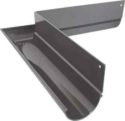 Two grey gutter corner pieces are shown against a white background.