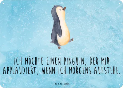 Produktbild von Mr. & Mrs. Panda Wandbild Pinguin marschieren DIN A3 - Eisblau - Geschenk, Unausgeschlafen, Türschild, Familie, Spazieren, Pinguine, Blechschild, Bruder, Schild, tafel