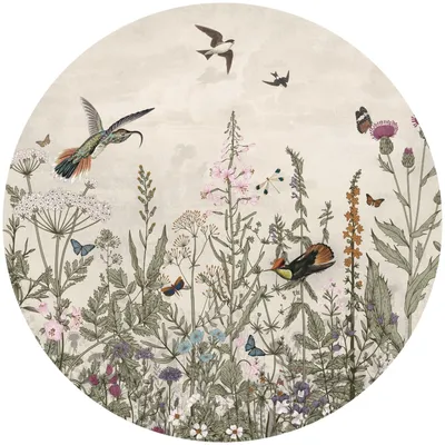 Produktbild von Sticker Kreis VÖGEL Feldblumen Blätter Pflanzen Schmetterlinge Wiese Natur Retro Stil Aufkleber Wanddeko 100 cm x 100 cm