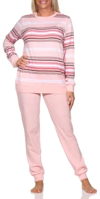 Produktbild von Normann Damen langarm Schlafanzug mit Bündchen in Streifenoptik - auch in Übergrössen ; rosa , 60