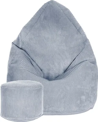 A light gray corduroy bean bag chair and matching ottoman are shown against a white background.
