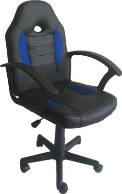 A black and blue ergonomic office chair with a white background.