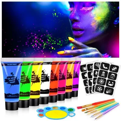 Produktbild von Kinderschminke Set 8 Farben Neon UV waschbar mit Pinseln und Aufklebern
