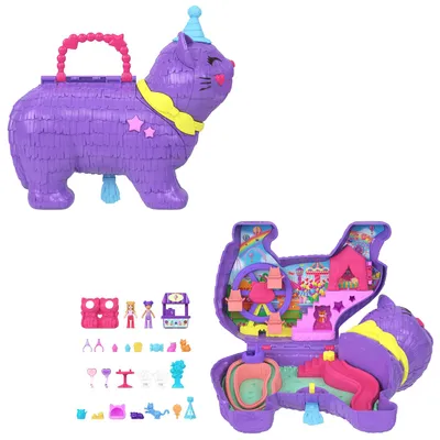 Produktbild von Polly Pocket Party-Katzen-Spielset mit 2 Mikropuppen, 23-Überraschungs-Zubehörteilen inklusive Tieren, Geburtstags-Party mit Riesenrad-Fahrt, Aktion/Abenteuer, 4 Jahr(e), Mehrfarbig, Kunststoff