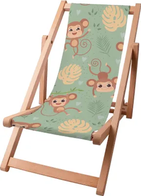 A wooden deck chair with a fabric seat featuring a cartoon monkey and jungle leaf pattern.