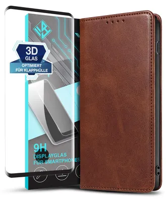 Produktbild von Handyhülle für Samsung Galaxy S10 mit 9H Displayglas Kunstleder Flip Cover Hülle Klapphülle Case Kartenfach Farbe: Dunkelbraun