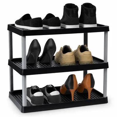 Produktbild von ARTECSIS® Schuhregal aus Kunststoff mit 3 Ebenen Schwarz (50x34x43cm) steckbar & erweiterbar - Steckregal für Schuhe & Schuhablage schmal