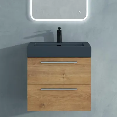 Produktbild von Mai & Mai Badmöbelset Komplett Set Waschbeckenunterschrank 60cm Unterschrank in Kerneiche mit Waschschbecken aus Mineralguss Quadratto
