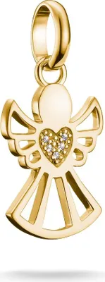 A gold angel charm with a heart detail, shown against a white background.