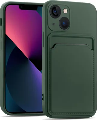 A green iPhone 13 case with a card slot is shown next to an iPhone 13.