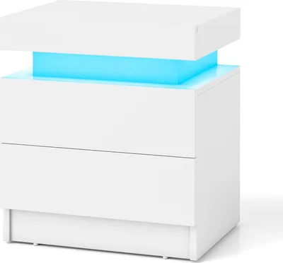Immagine prodotto di Comodino a LED, comodino in finto marmo, con 2 cassetti, illuminazione a LED in 20 colori, telecomando, tavolino, 45 x 35 x 52 cm, bianco