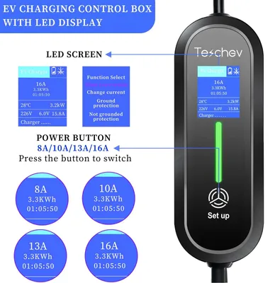 Zdjęcie produktu dla Przenośna ładowarka do samochodów elektrycznych - Typ 2, 3,5 kW - 16 A - Regulowana: 8/10/13/16 A - Kabel o długości 3,5 m - Ekran dotykowy - Klasa ochrony IP65