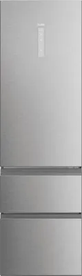 A front view of a silver refrigerator with two drawers at the bottom and a control panel at the top.