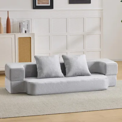 Immagine prodotto di Divano angolare MODFU, divano pieghevole con funzione letto, divano 2 posti trasformabile, divano 2 posti imbottito in schiuma con rivestimento in tessuto, color grigio chiaro