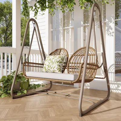 Produktbild von Flieks Rattan Hollywoodschaukel Schaukelstuhl für 2 Personen, Hängesessel Hängeschaukel mit Haken & Befestigungsseil, Doppelschaukel Beige