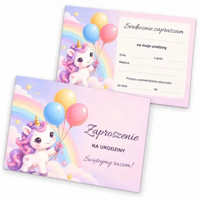 Zdjęcie produktu dla ZAPROSZENIA URODZINOWE Jednorożec Z Balonami NA PRZYJĘCIE