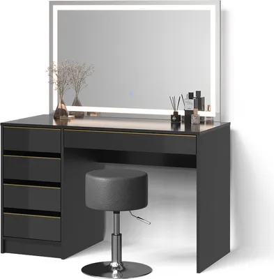 Produktbild von Schminktisch Livinity Imola Schwarz/Gold mit LED-Spiegel und Hocker, Model 52457