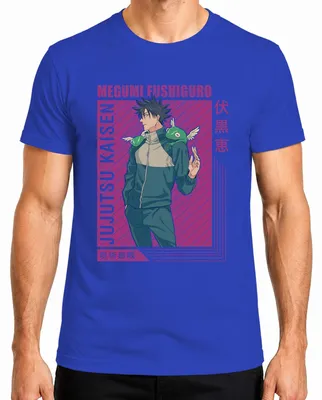 Imagen del producto de Camiseta retro para hombre, estilo anime, con el personaje Megumi Fushiguro de Jujutsu Kaisen, diseño de shikigami, color azul, talla XL