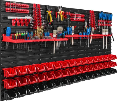 Obrázek produktu pro Skladovací systém Dílenské regály | 156 x 78 cm | 48 ks. Box | Nástěnný regál s držáky na nářadí a stohovatelnými boxy - Nástěnné desky Extra silné regály s přihrádkami Nástěnná deska s otvory pro nářadí Skladovací regál Garážový regál