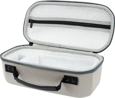 An open gray carrying case with white interior padding and a black handle.