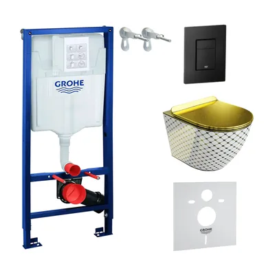 Produktbild von GROHE Vorwandelement Solido + Wand Hänge WC Sofi Slim Checked Gold/Weiß Spülrandlos + WC-Sitz SoftClose | Schwarzer Knopf | Komplettset | Unterputz Spülkasten |  Toilette Komplett Sett