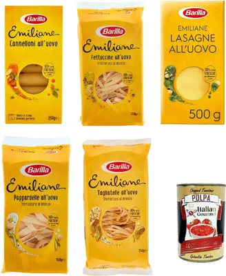 Produktbild von Testpaket Barilla Pasta all' Uovo Le Emiliane, Eiernudeln, Pasta mit Ei 4x 250g 1x 500g + Italian Gourmet polpa 400g