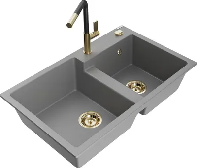 Produktbild von Mexen Tomas 2-Becken-Granitspüle mit Mischbatterie Flora, Grau - 6516-71-670401-57-G