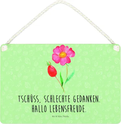 Produktbild von Mr. & Mrs. Panda Schild Blume Hagebutte DIN A4 - Blattgrün - Geschenk, Schlechte Gedanken, Lebensfreude, kleine aufmerksamkeit, Wandbild Holz, Türschild, holzbild, Garten