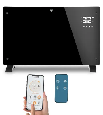 Image de Radiateur électrique Ikodm 2500W, noir, avec convection, connectivité Wi-Fi et application, thermostat de 5 à 50°C, minuterie de 24 heures, modèle mural et sur pied avec roulettes