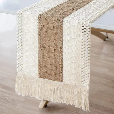 Obrázok produktu pre Bavlnený a jutový obrus v štýle farmy s frndami – 30 x 300 cm – stolová dekorácia – vidiecky štýl – štýl farmy