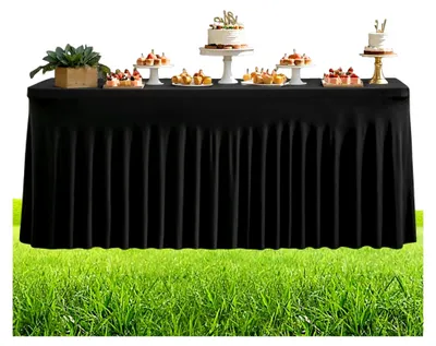 Produktbild von Rüschen-Tischrock – Plissierter Tischrock in Schwarz, 1,8 m für Hochzeiten, Halloween, Babypartys, Weihnachten, Geburtstagsfeiern, Buffets und Bankette