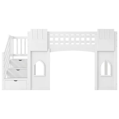 Produktbild von Merax Etagenbett Hochbett 90x200 cm, mit Stauraumtreppe und Fenster, Kinderbett, Stockbett, Jugendbett, Kiefer, Massivholzbett, Weiß